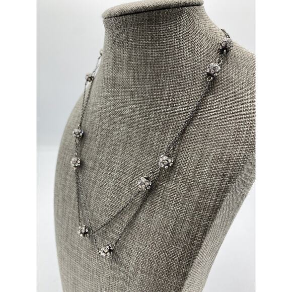 Gunmetal Gray Crystal Ball Station Beaded Long Necklace Dainty - Picture 1 of 9